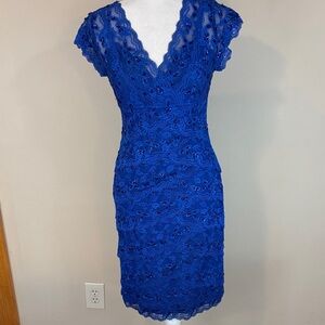 Marina Cobalt Blue Lace and Sequined V Neck Dress Size 6